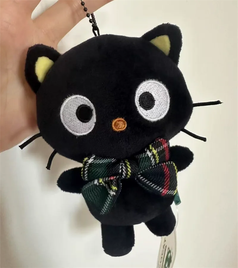 Portachiavi in peluche con mascotte scozzese Chococat Elegante nastro al collo in tartan Portachiavi con catena a forma di palla di gatto nero Portachiavi con borsa carina Kawaii