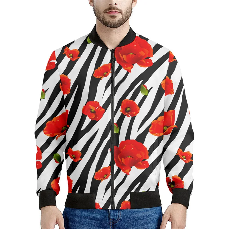 Abstract Zebra Pattern Jacket Men Clothes 3d Printed Flower Sweatshirt Women Casual Bomber Zipper Jackets Streetwear Tops Coat