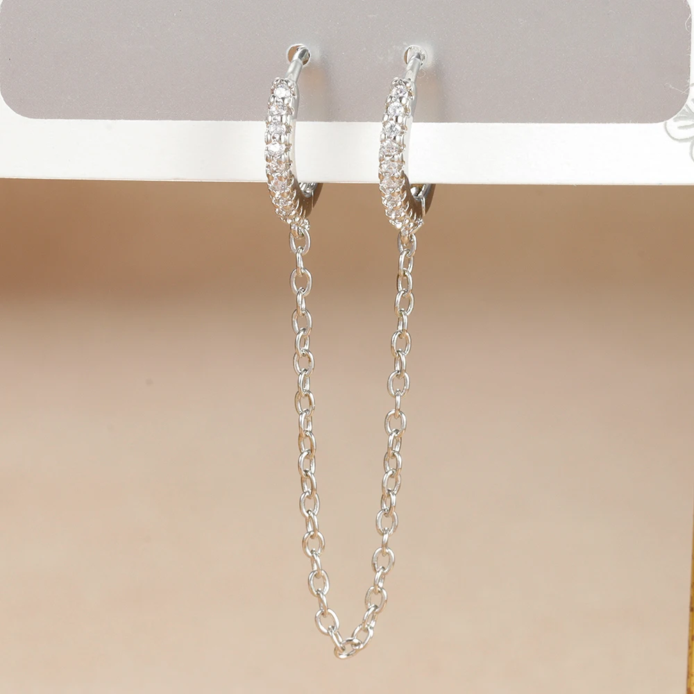 Women Stainless Steel Double Chain Hoop Earrings Crystal Tassel Earrings Fashion Party Wedding Jewelry Statement Gift