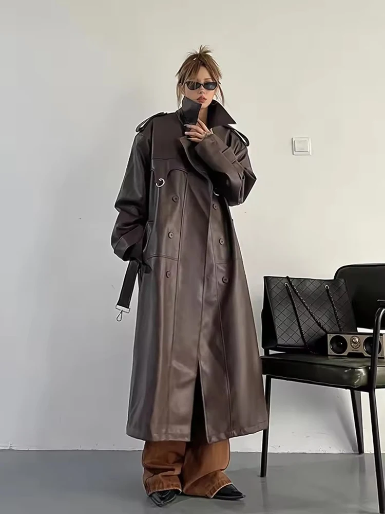 Mauroicardi Spring Autumn Cool Brown Long Pu Leather Trench Coat for Women Loose Casual Waterproof Punk Style Unisex Emo Clothes