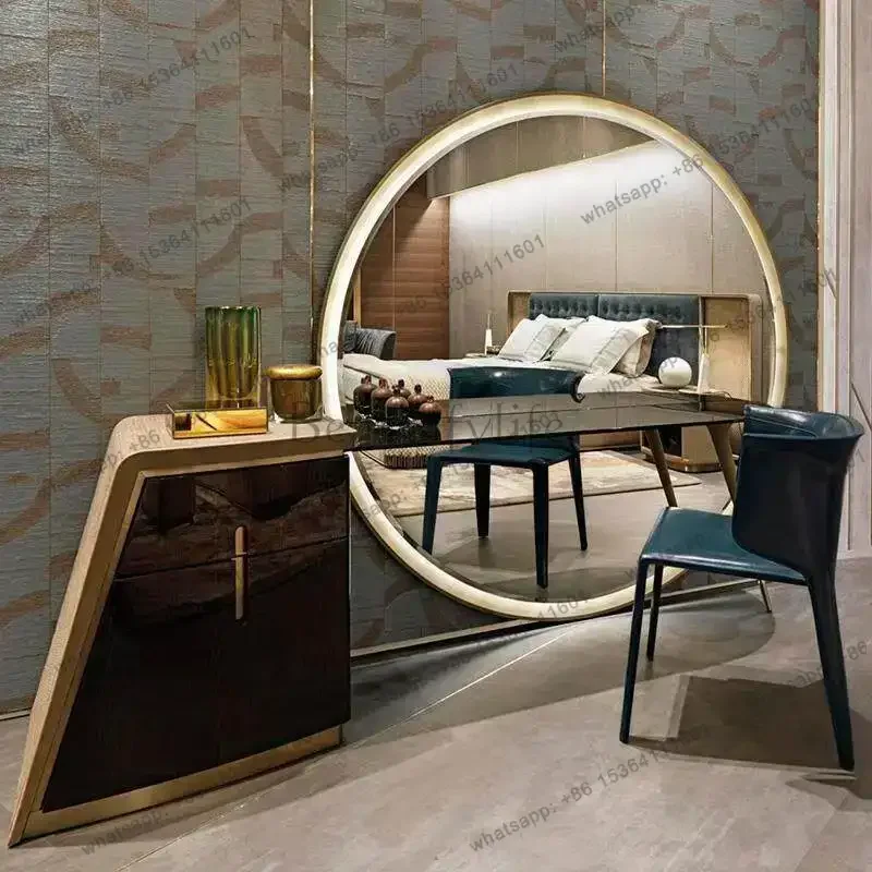 YJ Nordic Sturdy Large Dressing Table Round Modern Wooden Bedroom Hotel Vanity Desk Storage Luxury Toaletka Z Lustrem Furniture