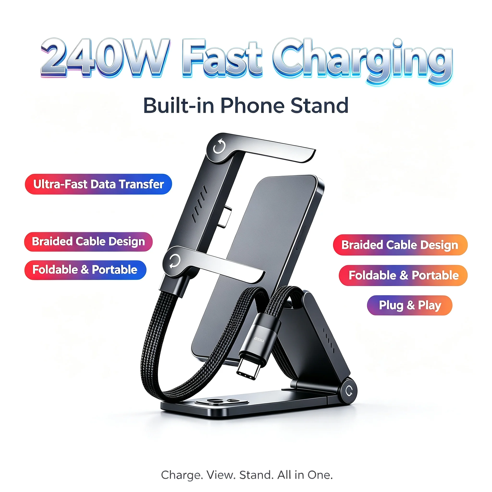 240W Elbowed 180° Fast Charging Foldable Phone Holder,PD cable Nylon Data Sync, For iPhone,For Samsung,For Xiaomi,For POCO