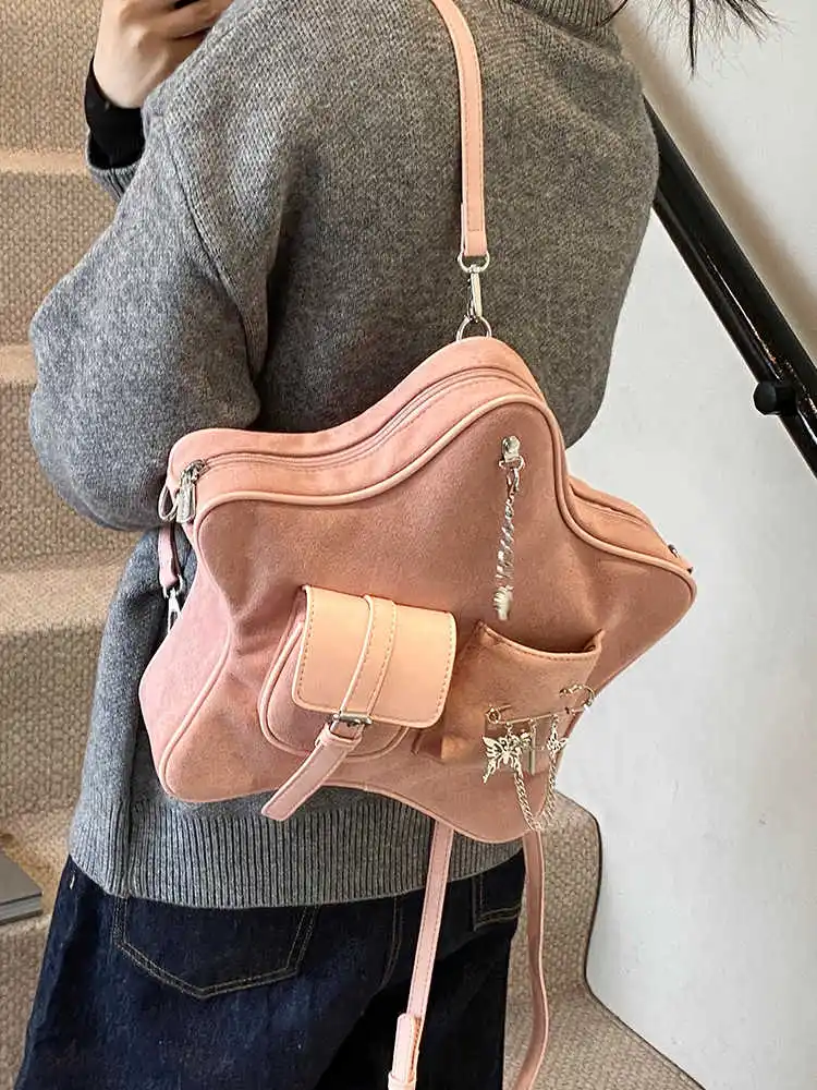 Rosa vintage camurça mochila para as mulheres inverno nova moda nicho design commute estrela mochila popular estudante sacos de um ombro