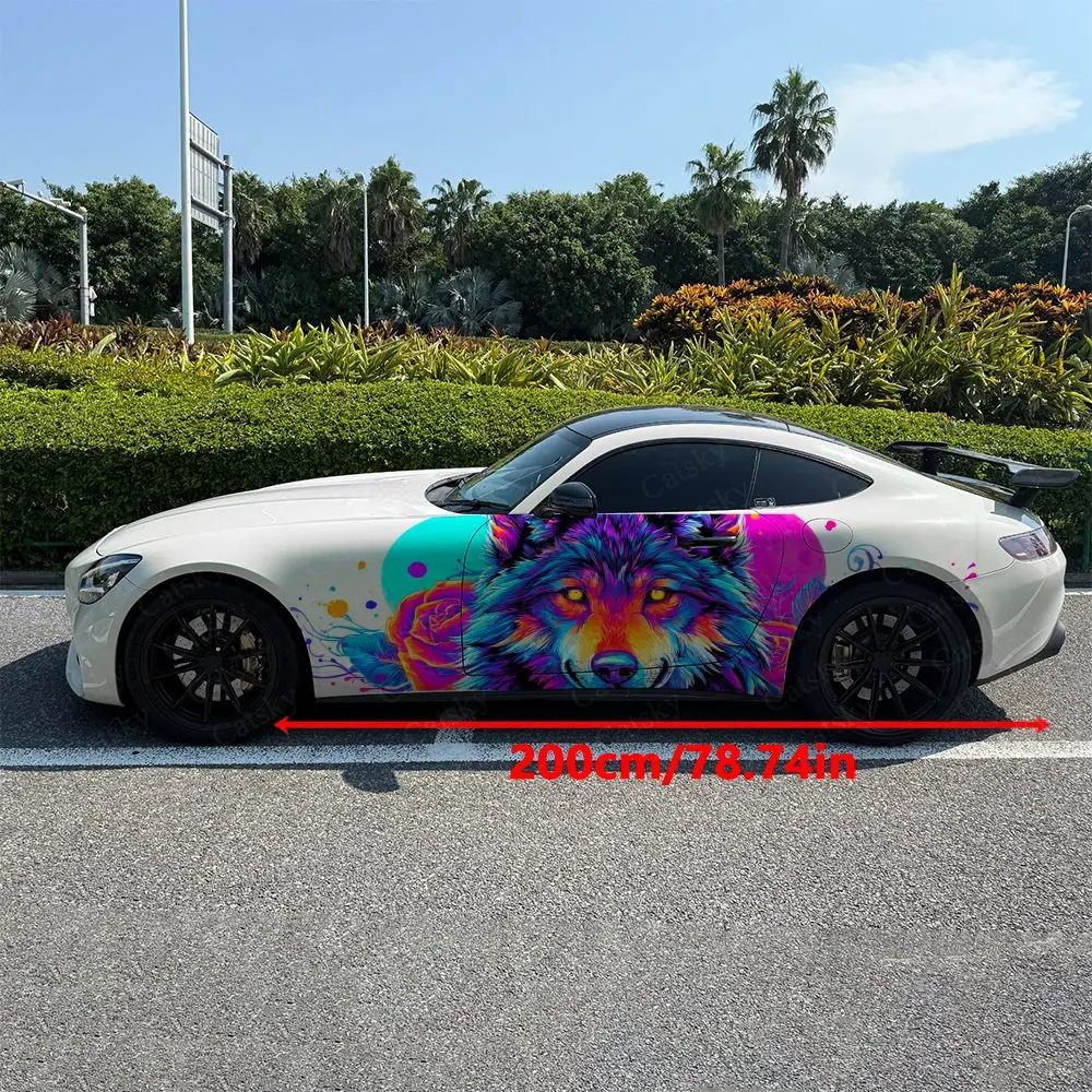 Vibrant Rose Grey Wolf Car Side Wraps, Self-Adhesive PVC Waterproof & Scratch-Resistant Stickers, Car Accessory Gift
