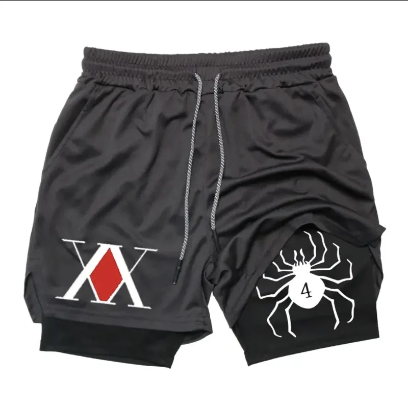 Men's Spider Print Anime Gym Shorts 2in1 Bilayer Quick-Drying Breathable Sweat-Absorbing Sports Jogging Pants Summer Sport