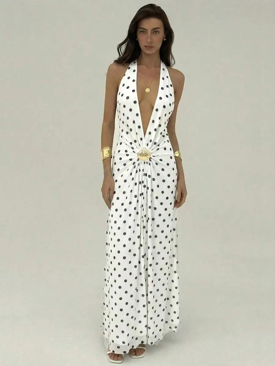 

Womens Deep V Polka Dot Halter Maxi Dress Summer Beach Vacation Boho Style