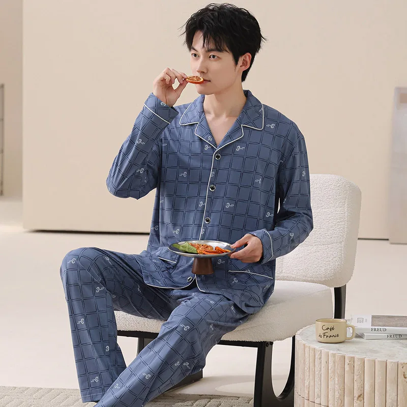 Plus Size L-4XL Men Pajamas Set 100% Cotton Plaid Sleepwear Male Autumn Long Sleeve Pyjamas