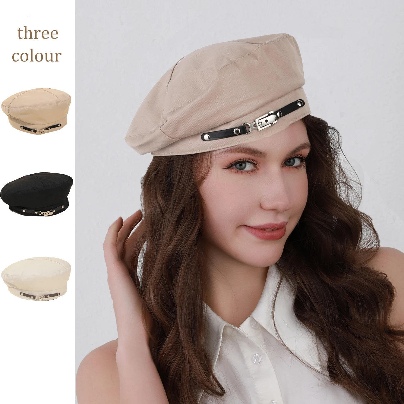 

A lady's belt buckle British retro painter hat, a Japanese sweet and cool four-cornered beret, for daily shopping and outings