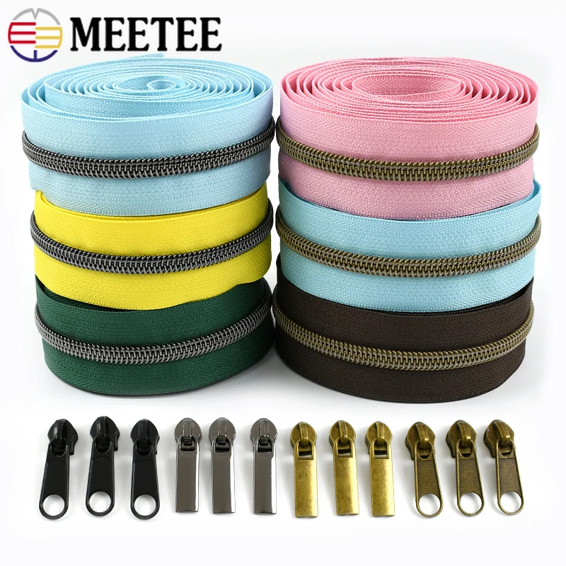 2-10M 5# Nylon Zippers Tape With Zipper Slider Heads Plastic Zips By The Meter Decorative Zip Pull Repair DIY Sewing Accessories