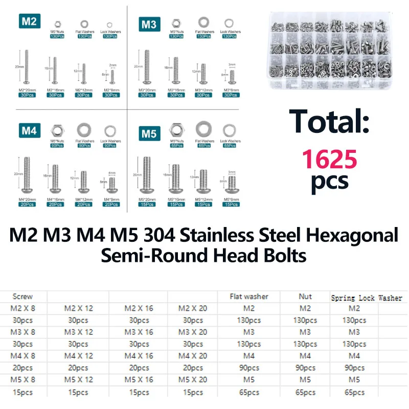 1625 Pieces M2 M3 M4 M5 304 Stainless Steel Hexagonal Semi-Round Head Bolts, Screws, Nuts, and Washers Set