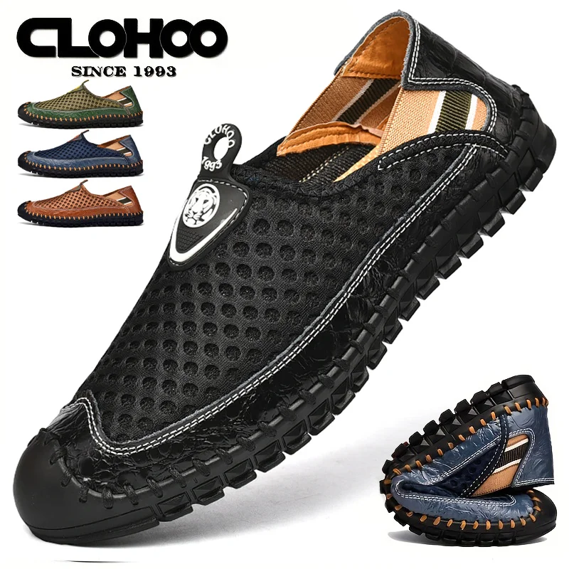 CLOHOO hand-stitched shoes comfortable vacation mesh shoes fashionable versatile men\'s shoes