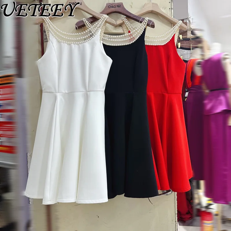 

European and American French Celebrity Temperament Pearl Suspender Dress Summer High Waist Backless Party Short Dresses