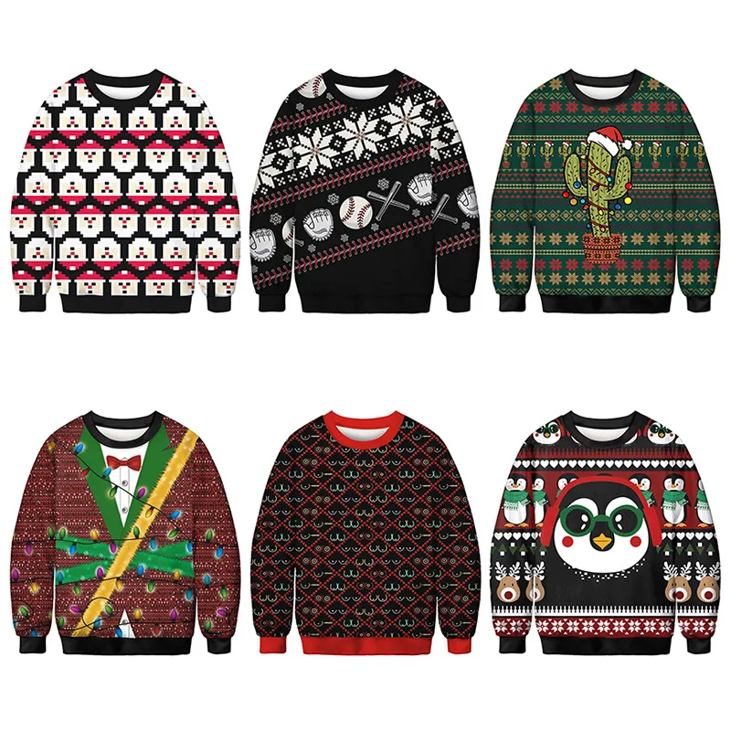 Рождественский пуловер, свитера для мужчин и женщин, свитшот с 3D-принтом Санта Клауса, снежинки, повседневный топ с круглым вырезом и длинным рукавом для влюбленных