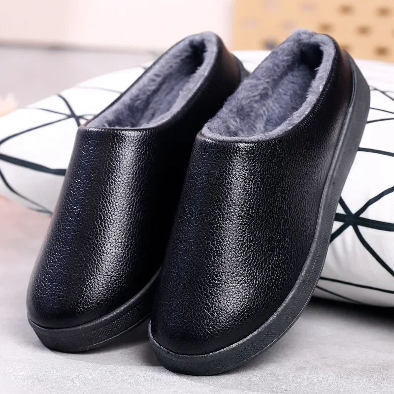 Men's Home Winter Indoor Slippers Warm Shoes Unisex Size Plush Waterproof Leather House Man Slippers Cotton Flat Couple Shoes