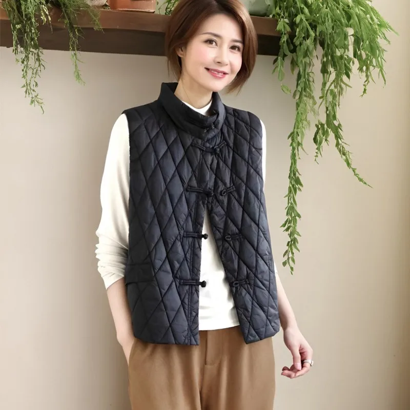 Women's Cotton Vest Autumn Winter Middle Aged Mother Lightweight Thin Lady Down Cotton Waistcoat Vintage buckle Ladies Jacket