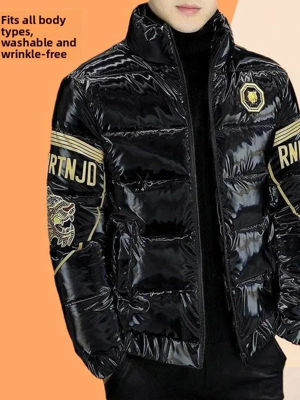 

Men's Thiened Cotton Jaet Outerwear Youth Sle Bright Leather Surface Winter Warm Coat Long Length Slim Fit Chinese Brand