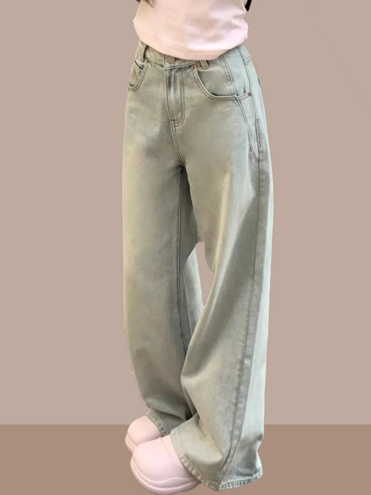 

Прямые джинсы с высокой талией, женские повседневные свободные длинные брюки, осенне-весенний сезон, простой дизайн, High Street, синий цвет