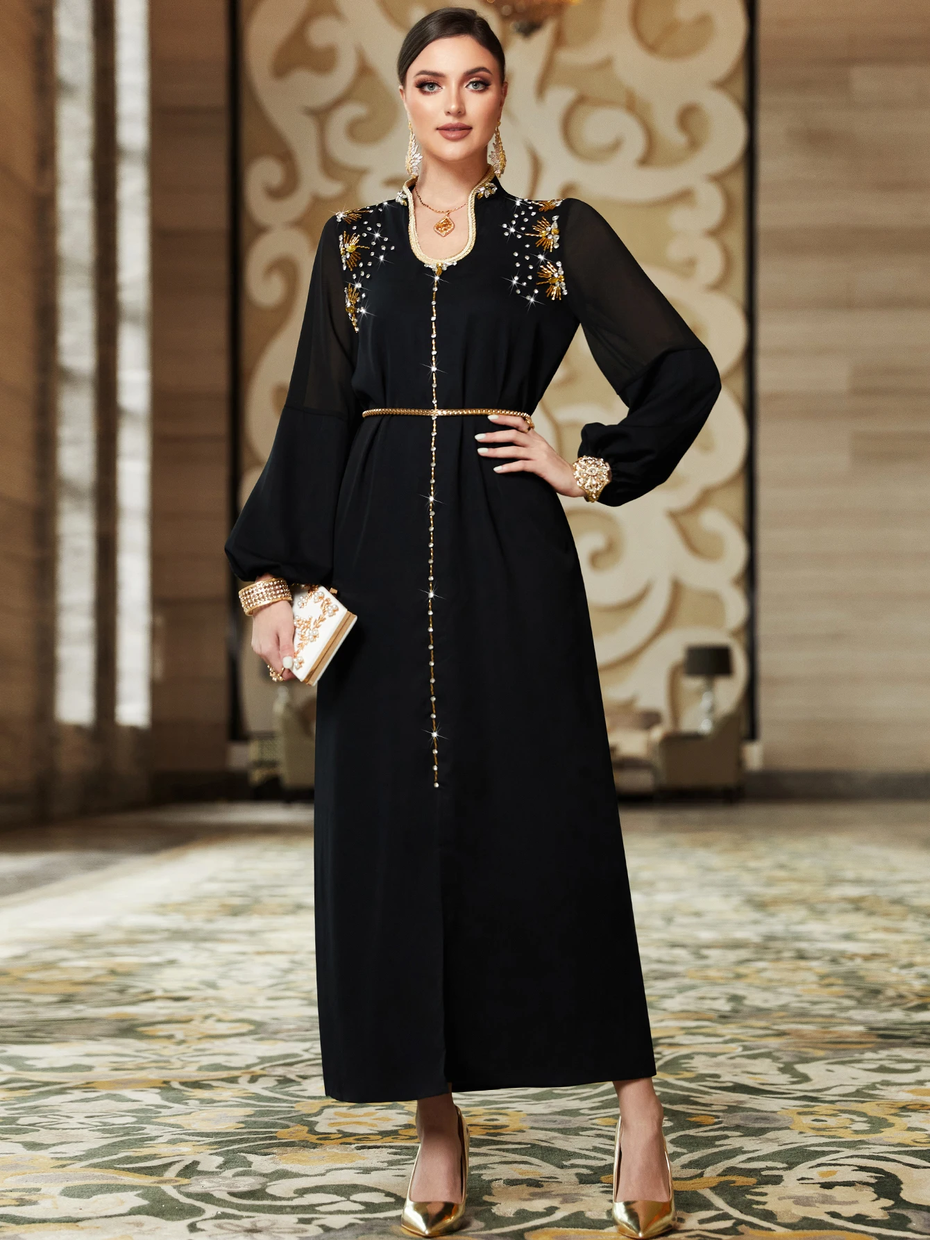 Autumn Muslim Party Dress for Women Abaya Ramadan Eid Diamond Jalabiya Elegant Long Dresses Woman Lace-up Vestidos Robe 2023