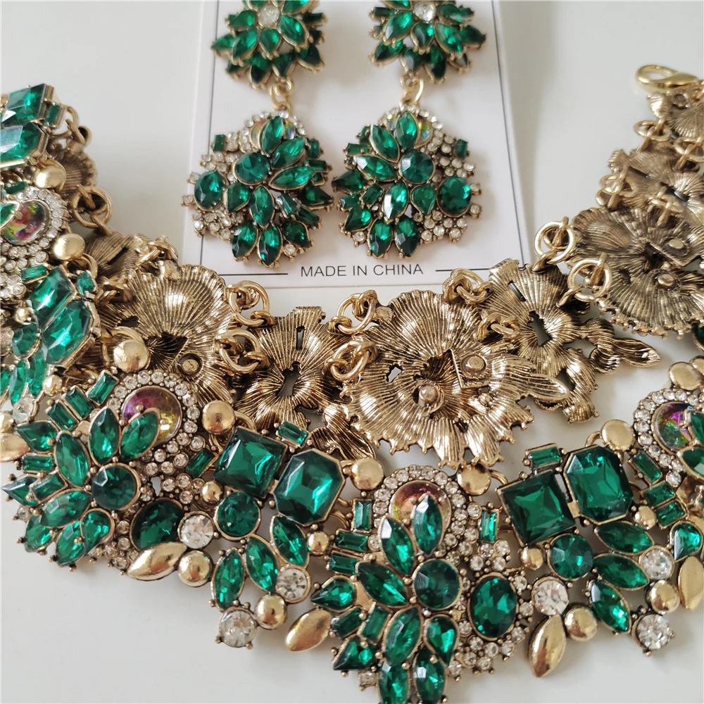 2024 New ZA Trend Green Crystal Rhinestones Necklace Earrings Women Jewelry Sets Indian Statement Large Collar Choker Necklace