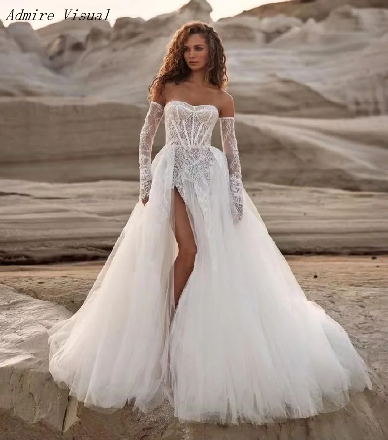 Newest Wedding Dress A-Line Lace Strapless Detachable Sleeves With Split Customized Bride Gown Vestidos De Novias