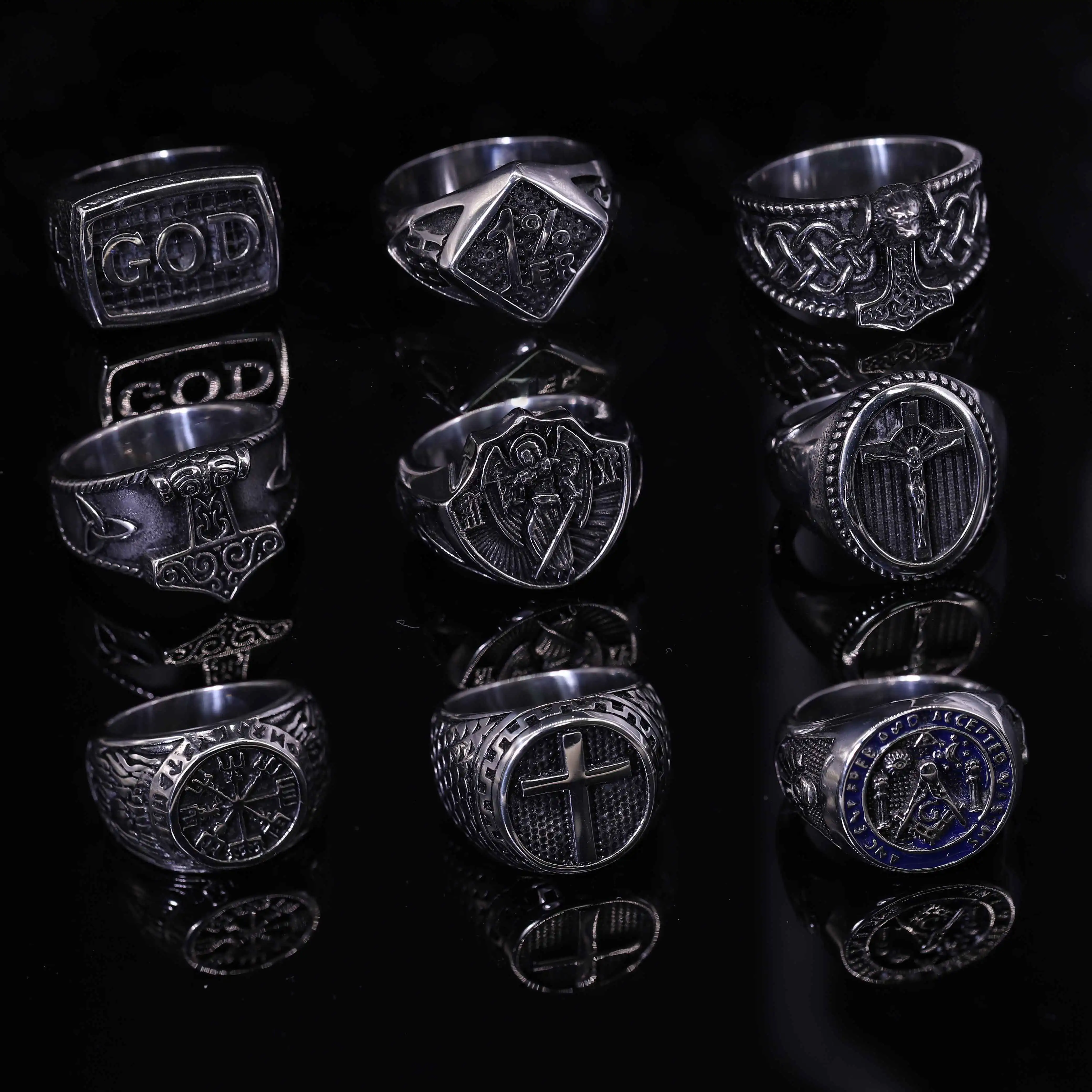

Neo-Gothic Punk Style Stainless Steel 1% er Ring Jesus Cross Symbol Freemasonry Viking Runes Ring Unisex Fashion Jewelry