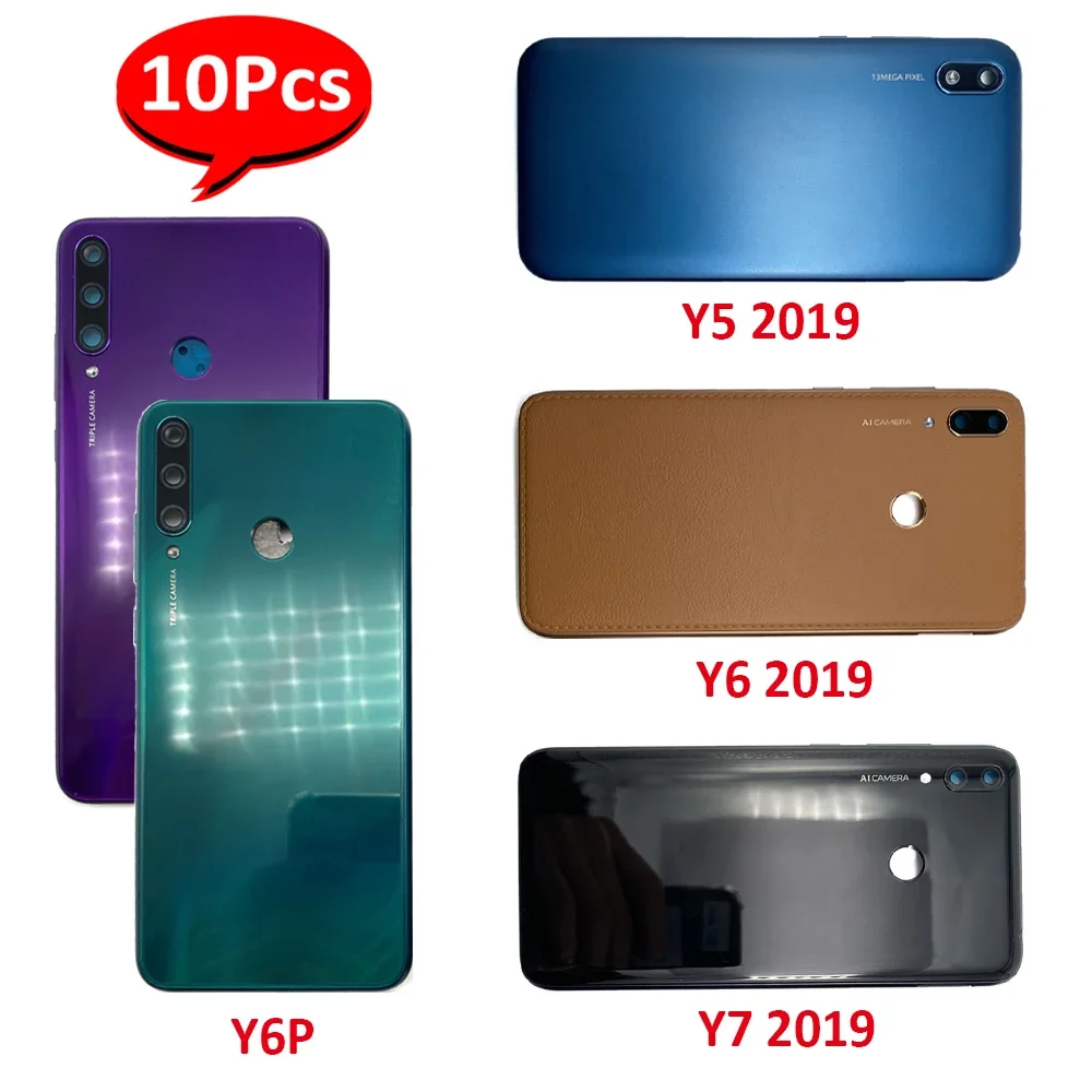 10Pcs，Battery Back Cover Rear Door Housing Case With Camera Lens Side Button Key Replacement Parts For Huawei Y6P Y5 Y6 Y7 2019