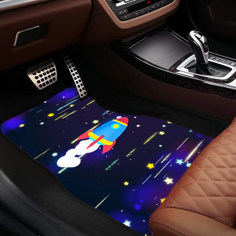 1pc/2pcs/4pcs Cartoon Rocket Launch Pattern Fashion Art Car Mats, Universal For All Seasons, Comfortable And Durable, Suitable F
