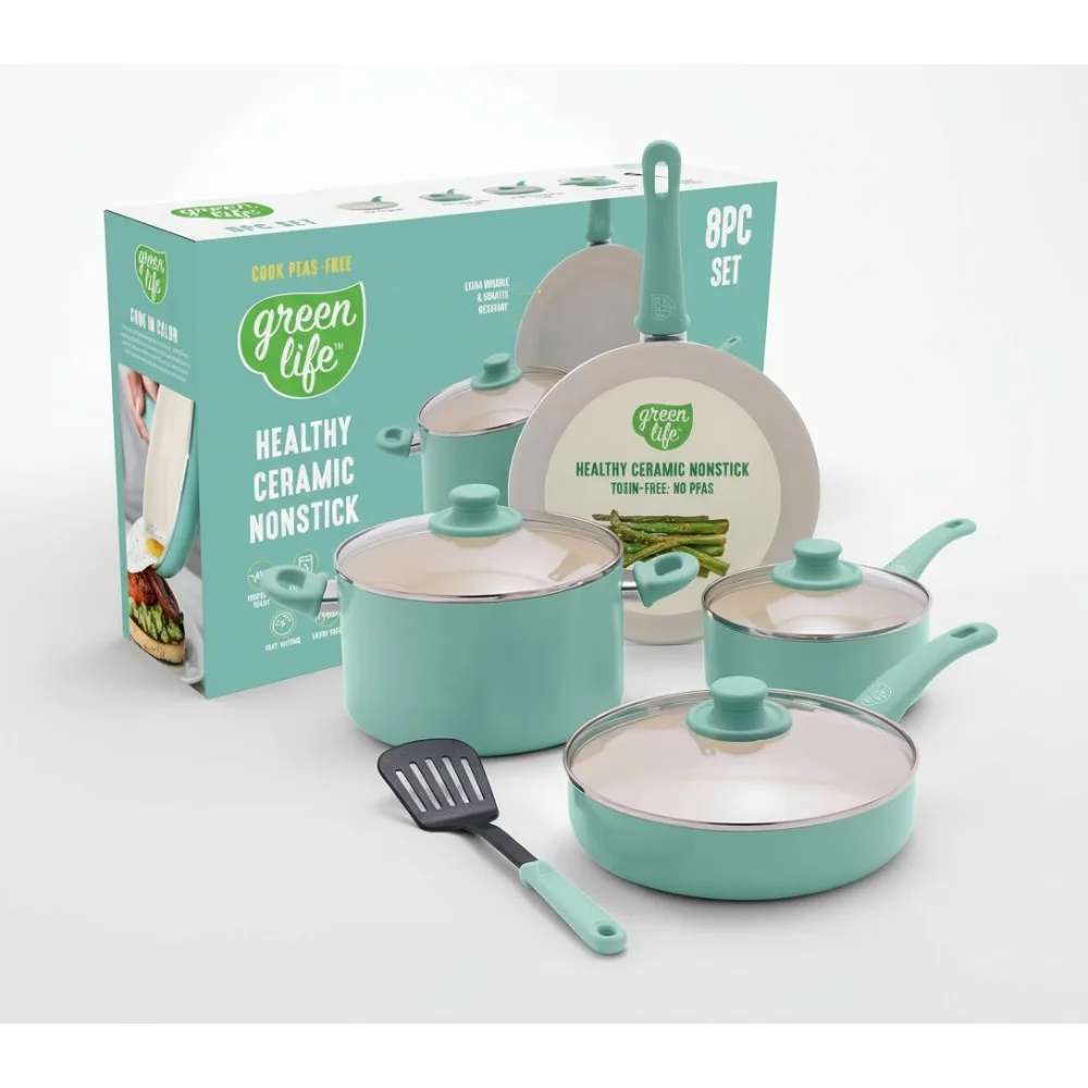 

8-Piece Ceramic Nonstick Cookware Set, PFAS-Free Pots & Pans, Dishwasher Safe, Turquoise - Perfect for Healthy Family Cooking