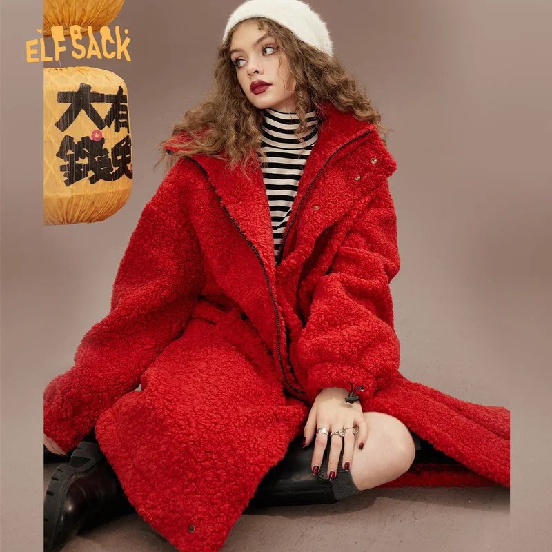 Imagem -02 - Elfsack-cabolsa de lã de Pelúcia Vermelho Feminino Jaquetas Casuais Grossas Inverno