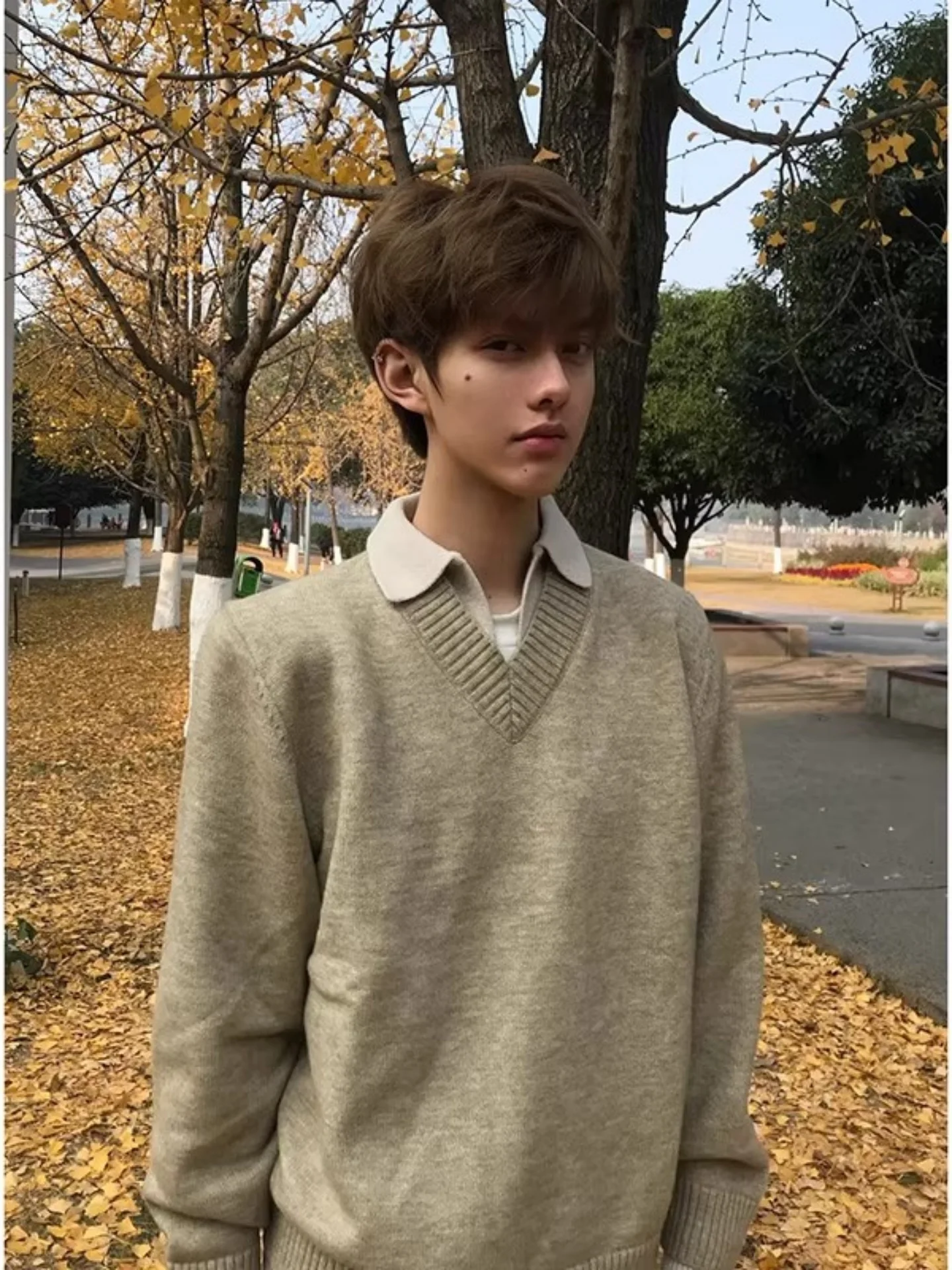

Men's Knitted irt Collar Sweater Winter Warm Base Layer Casual Sle V-Ne Mid-Thiened Long Sve Color
