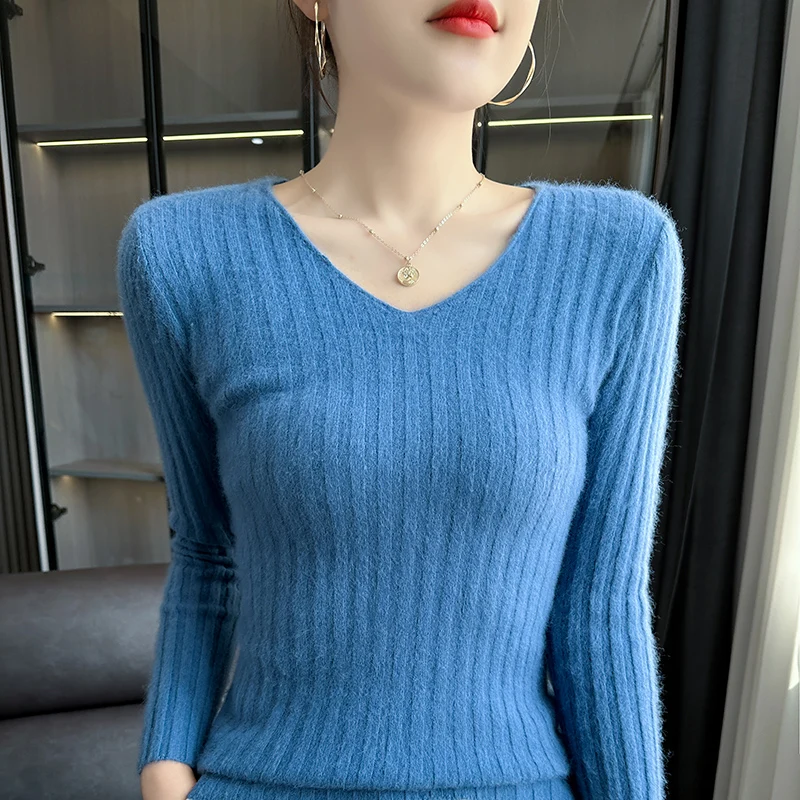 Autumn Winter New Women\'s Clothing 100% Mink Cashmere Sweater V-Neck Knitted Pullover Slim Fit Long Sleeve Solid Color Tops