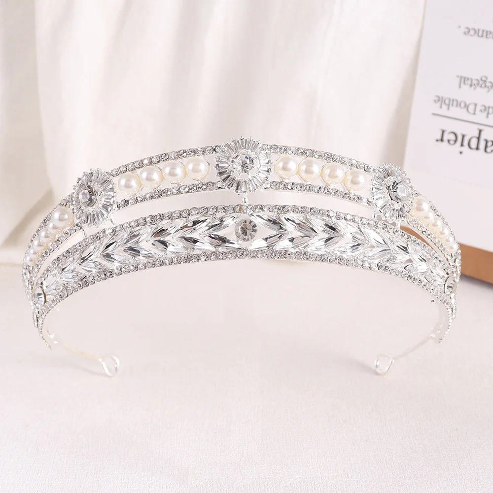 KMVEXO Gold Silver Plated Queen Princess Diana Crown Crystal Pearl Diadem For Bridal Hair Accessories Bride Headbands De Noiva