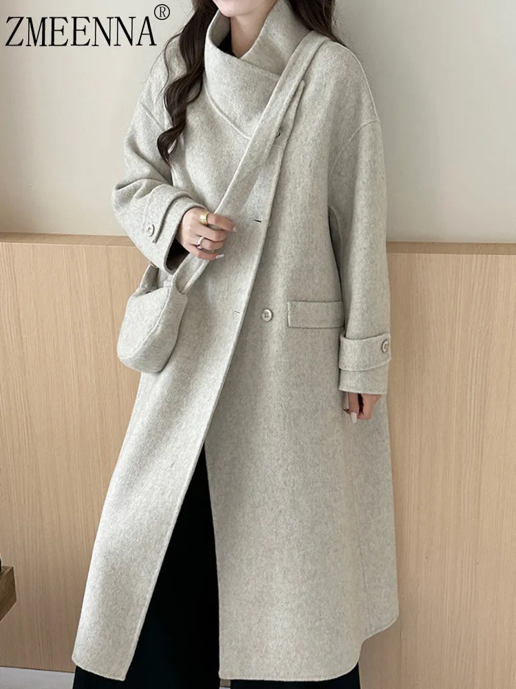 

ZMEENNA Womens Chic Beige Wool Blend Long Coat With High Asymmetrical Collar Shoulder Strap Winter Outerwear ZM3705