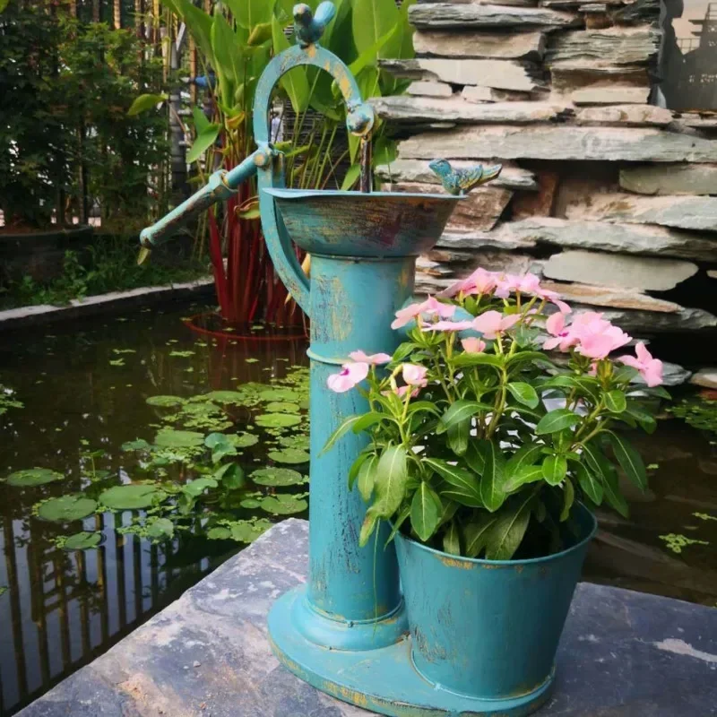 Antique Blue Water Hand Pump Flower Pot Metal Barrel Planter Bird Feeder Bath Faucet Roof Garden Balcony Courtyard Decoration