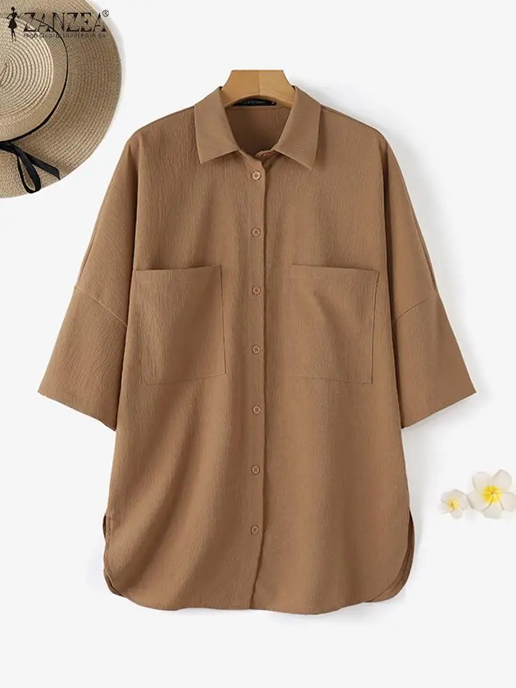 ZANZEA Korean Fashion BF Style Shirts Women Casual Loose Crinkled Texture 3/4 Sleeve Solid Camisas 2024 Autumn Long Blouse Tops