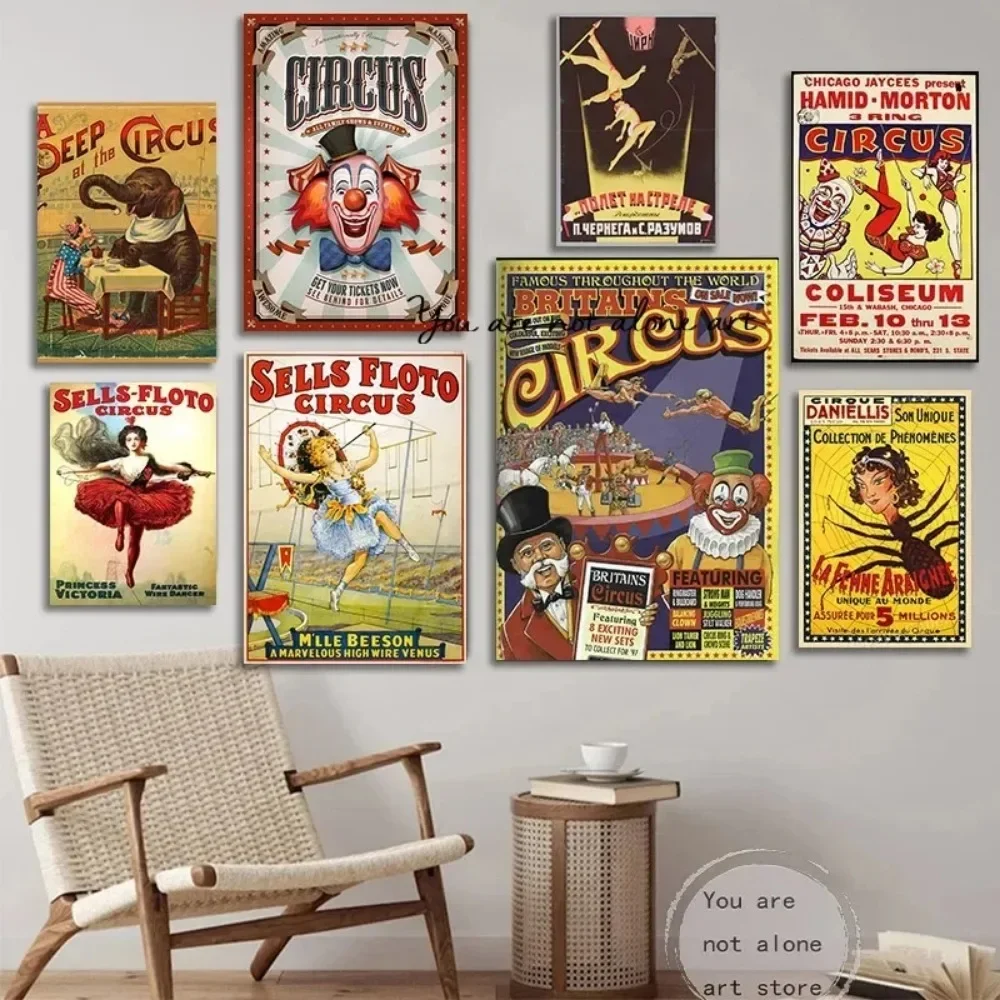 Vintage Circus Travel Art Poster Elephant Tiger Clown Performance Screen Canvas Painting Posters and Prints Wall Art Picture
