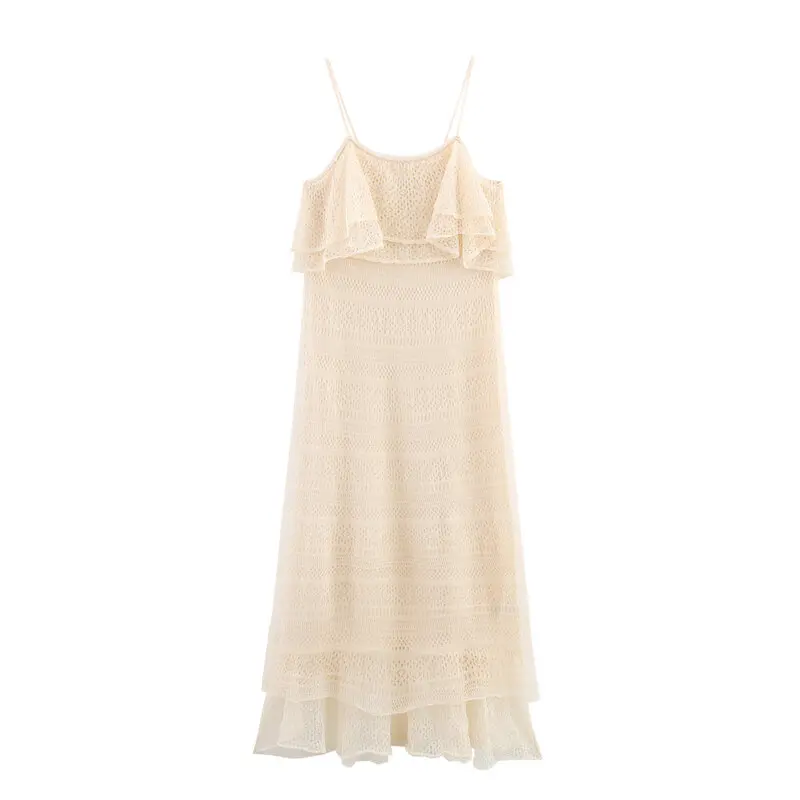 Vestido de Malha F Novo Lançamento de Verão com Camadas Decorativas e Bordado em Tule 2025 E Sem Mangas com Decote