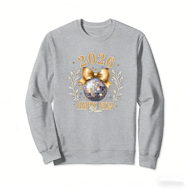 Bluza unisex z okazji Nowego Roku 2026 z motywem kuli dyskotekowej i złotą kokardą, świąteczna bluza z okrągłym dekoltem dla dorosłych.
