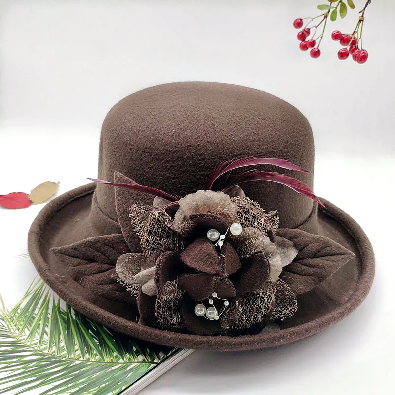 New Spring Winter Women Floral Wool Cap Hats Fedoras Stylish Western Bucket Hats Warm Female Bowler Hats