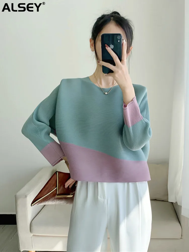 

ALSEY Miyake Pleated Women's T-Shirt Colorblocking Office Lady Round Neck Elegant Slim Long Sleeve Top Spring Summer Autumn New