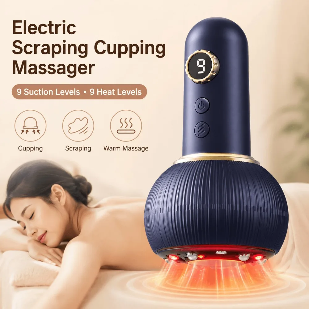 Electric Scraping Cupping Massager Wireless Vacuum Guasha Tool with Red Light Heating 9 Heat Levels 9 Suction Levels for Body