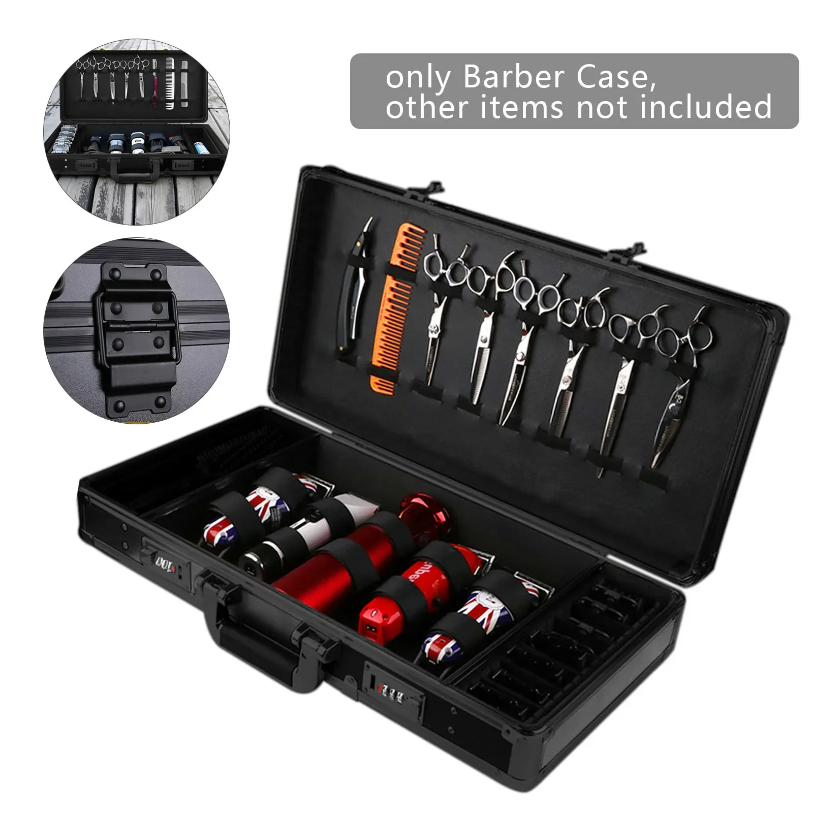 Reise-Stylist, Friseur-Werkzeugkasten, Organizer-Box, Clipper, Trimmer, Scherklinge, kompakter Friseurkoffer mit Aluminiumrahmen – Detail 3