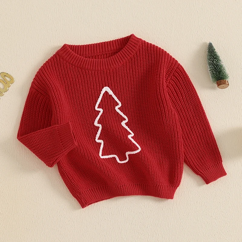 Toddler Baby Girls Boys Sweater Christmas Christmas Tree Embroidery Crew Neck Long Sleeve Pullovers Tops