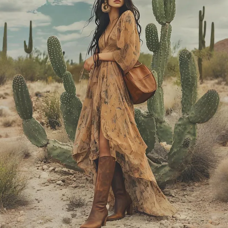 

2025 New Fall Women's Long Sleeve Printed Maxi Dress Fashion Elegant Casual Bodycon Dress