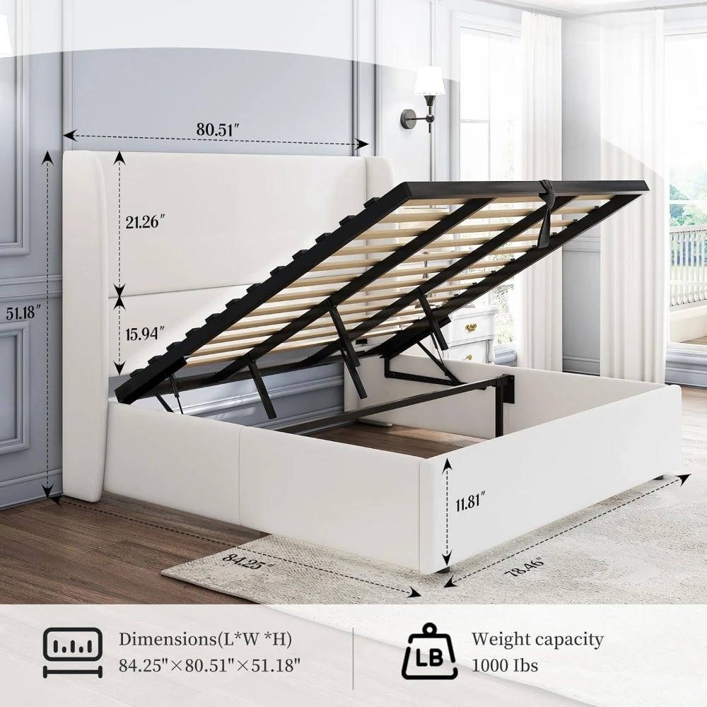 Platform Bed Frame with Hydraulic Storage/Modern Wingback Headboard/No Box Spring Needed/White