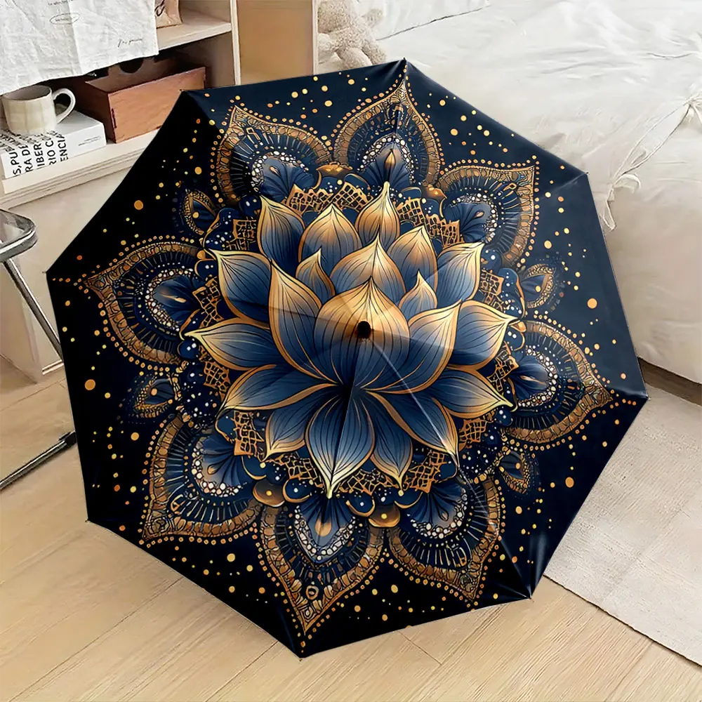 Mandala Lotus Pattern Umbrella with Golden Details portable waterproof sun rain umbrella for outdoor travel beach
