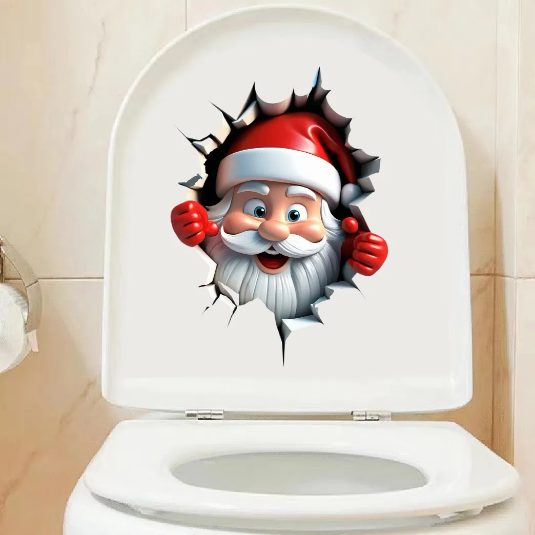 سانتا كلوز غطاء مقعد المرحاض ملصق مقاوم للماء باب الحمام والجدار ملصق مائي ذاتي اللصق الكرتون عطلة ديكور