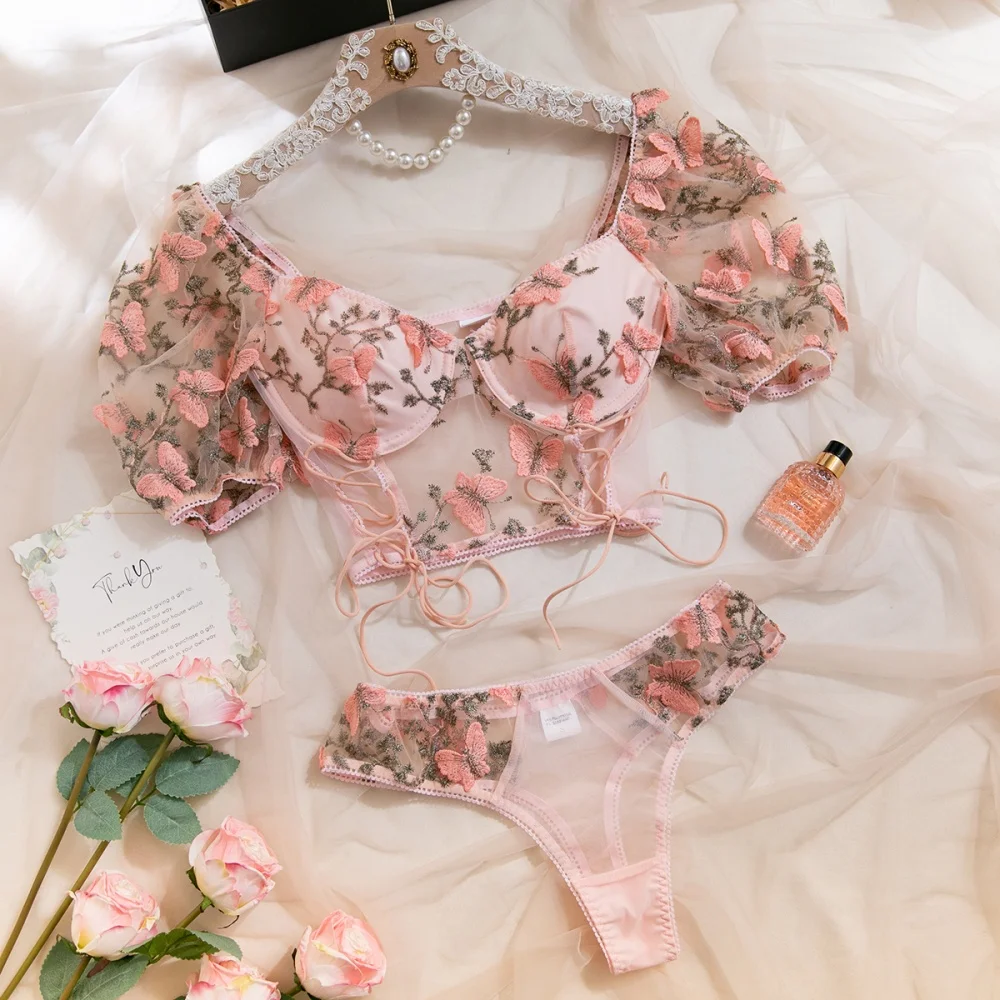 Sexy Floral Embroidery Lingerie Sets Luxury Romantic Mesh Patchwork Puff Sleeve Crop Tops And Briefs 2Pcs Set Delicate Fairy Set