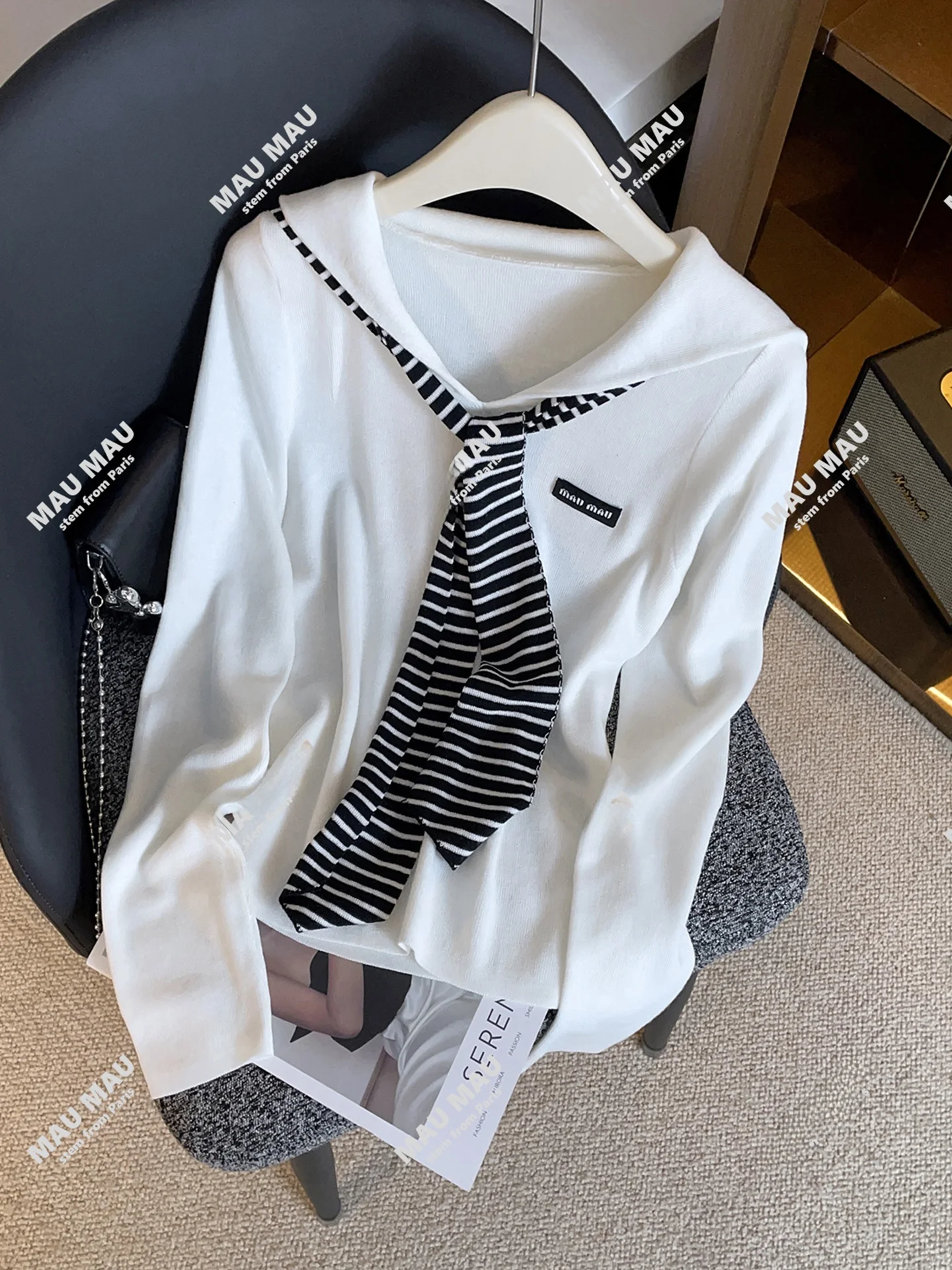 

Naval Collar Striped Knitwear Top Women's Faion Autumn College Sle Tie Dye Breathable Soft Medium Thin Long Sve