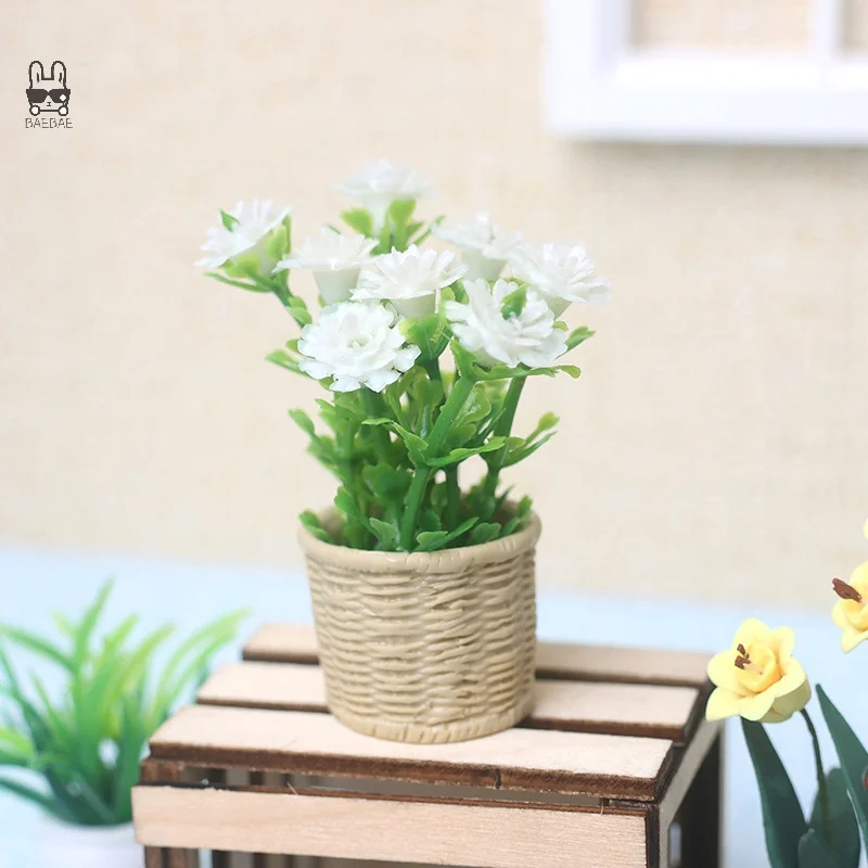 1:12 Dollhouse Miniature Daisy Mint Tree Flowers Pot Mini Green Plant Potted Plant Simulation Tree Model Home Garden Decor Toys